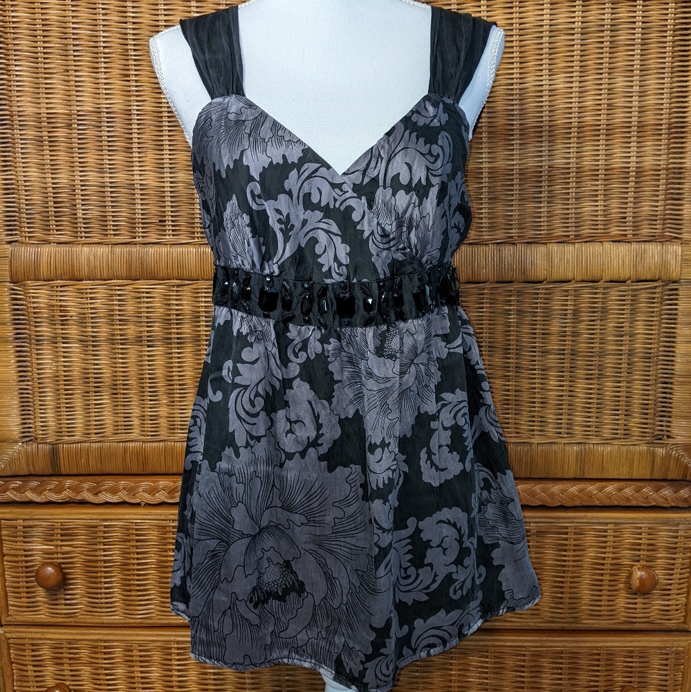 White House Black Market Silk Floral Beaded Empire Waist Sleeveless Blouse SMALL